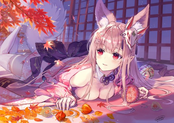 Anime picture 1696x1200 with original sanbasou single long hair blush fringe breasts light erotic smile red eyes large breasts standing bare shoulders signed animal ears looking away pink hair cleavage full body ahoge