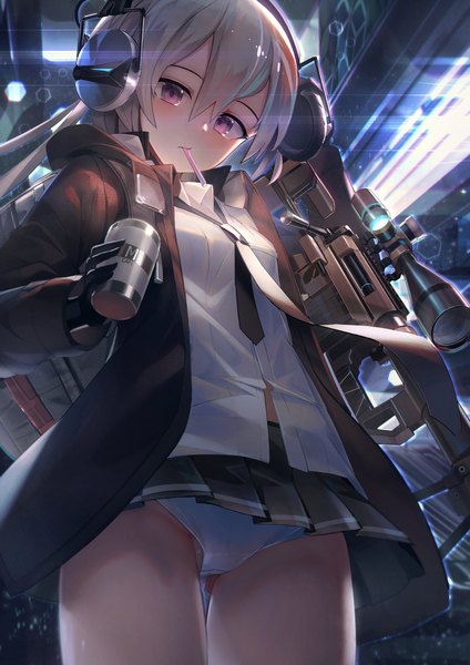 Anime picture 1302x1842 with girls frontline m200 (girls frontline) janyhero single long hair tall image looking at viewer blush fringe light erotic hair between eyes standing purple eyes holding payot head tilt pleated skirt grey hair open jacket from below