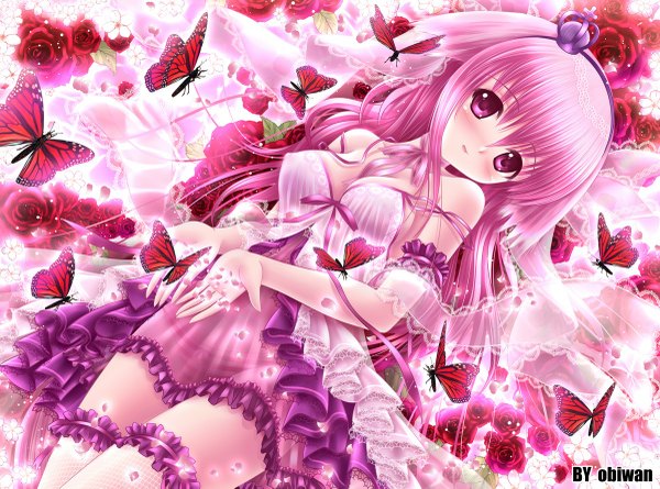 Anime picture 1200x891 with obiwan light erotic pink hair pink eyes girl insect butterfly crown