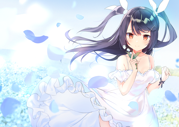 Anime picture 1200x853 with original cona kinaco single long hair looking at viewer blush fringe breasts black hair smile standing holding wind orange eyes two side up wind lift girl dress flower (flowers) bow