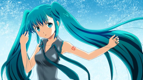 Anime picture 1920x1080 with vocaloid hatsune miku single long hair highres wide image twintails nail polish aqua eyes aqua hair girl necktie