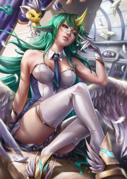Anime picture 1447x2048 with league of legends soraka (league of legends) star guardian soraka blondynkitezgraja single long hair tall image fringe breasts light erotic sitting bare shoulders green eyes signed looking away parted lips green hair pointy ears realistic dutch angle