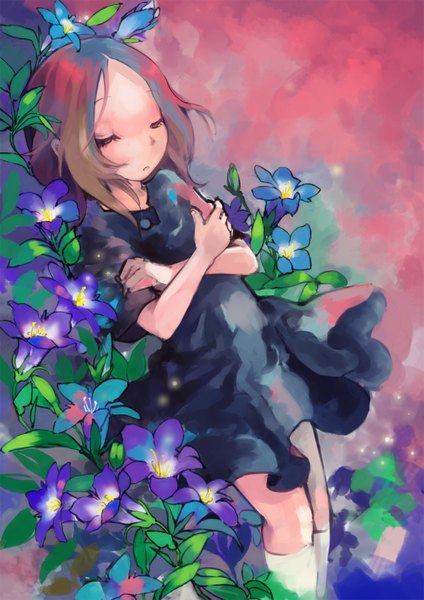 Anime picture 1181x1670 with usagi drop production i.g kaga rin sue (pixiv) single tall image blonde hair eyes closed girl dress flower (flowers) black dress
