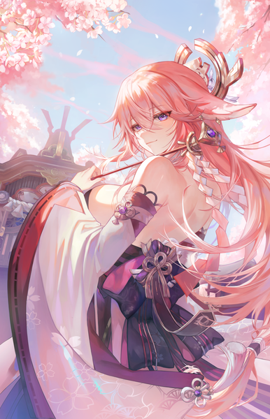 Anime picture 1100x1710 with genshin impact yae miko gz (gyoju) single long hair tall image looking at viewer fringe breasts light erotic smile hair between eyes large breasts standing purple eyes holding animal ears pink hair sky outdoors