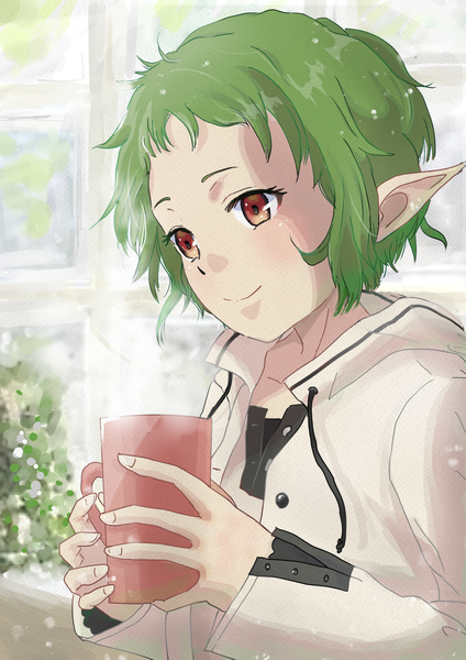 Anime picture 2315x3274 with mushoku tensei studio bind sylphiette (mushoku tensei) chuang zi single tall image blush fringe highres short hair smile red eyes holding looking away upper body indoors green hair pointy ears open jacket elf