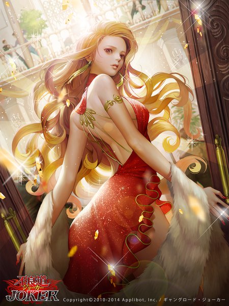 Anime picture 1500x2000 with joker ~gang road~ soo kyung oh long hair tall image looking at viewer breasts blonde hair standing bare shoulders brown eyes nail polish parted lips looking back fingernails lips from behind sparkle copyright name lens flare wavy hair