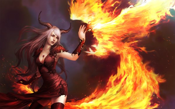 Anime picture 1600x1000 with unodu single long hair breasts pink eyes horn (horns) grey hair demon girl girl thighhighs dress flame phoenix