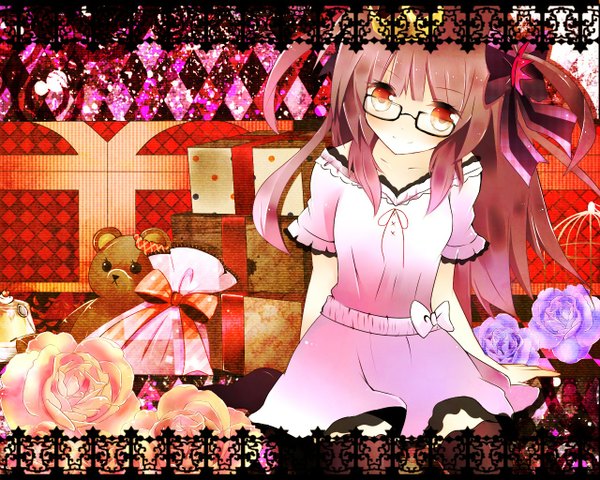Anime picture 1280x1024 with vocaloid world is mine (vocaloid) single long hair smile twintails pink hair orange eyes short twintails girl dress flower (flowers) bow hair bow glasses rose (roses) short dress gift teddy bear cage