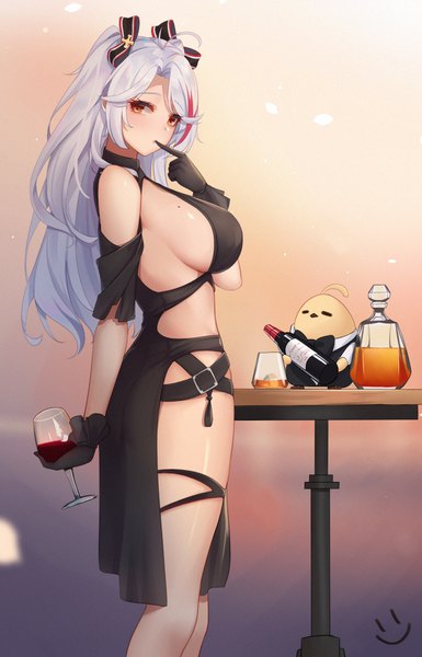 Anime picture 1154x1800 with azur lane manjuu (azur lane) prinz eugen (azur lane) prinz eugen (cordial cornflower) (azur lane) wei xiao single long hair tall image looking at viewer blush fringe breasts light erotic simple background large breasts standing bare shoulders brown eyes payot silver hair