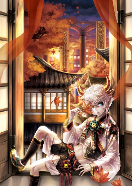 Anime picture 1200x1688 with original bbbox (hotpppink) single tall image looking at viewer fringe short hair blue eyes silver hair traditional clothes japanese clothes horn (horns) fingernails evening sunset long fingernails boy plant (plants) tree (trees) socks