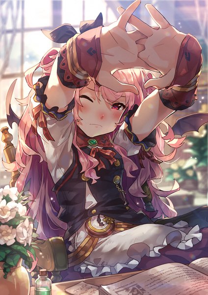 Anime picture 849x1200 with original recri (narumi arata) narumi arata single long hair tall image blush sitting pink hair indoors one eye closed pink eyes interlocked fingers stretch girl flower (flowers) bow hair bow wings frills