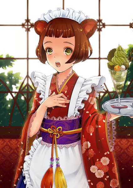 Anime picture 707x1000 with original bichon168 single tall image looking at viewer blush short hair open mouth brown hair green eyes animal ears wa maid girl food headdress sweets maid headdress obi ice cream tray
