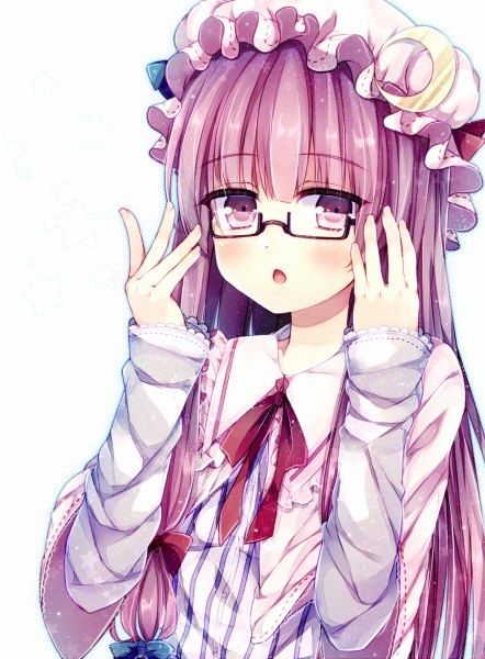 Anime picture 884x1200 with touhou patchouli knowledge abandon ranka single long hair tall image blush fringe open mouth simple background white background purple eyes looking away purple hair upper body blunt bangs adjusting glasses bespectacled girl glasses
