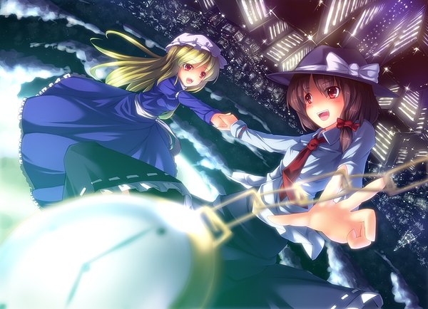 Anime picture 1200x868 with touhou usami renko maribel hearn ryosios long hair open mouth black hair blonde hair red eyes multiple girls cloud (clouds) city holding hands falling girl 2 girls hat necktie