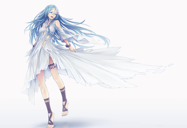 Anime picture 1400x964 with harmony (itou keikaku) mihie miach sugi 214 single long hair fringe open mouth blue eyes simple background smile hair between eyes standing white background bare shoulders blue hair looking away full body braid (braids) nail polish wind