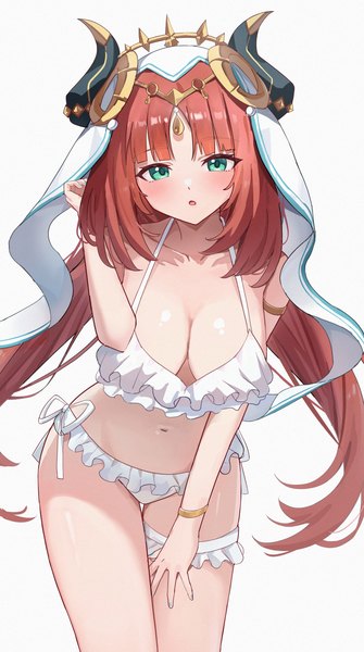 Anime picture 2285x4093 with genshin impact nilou (genshin impact) aftamc single long hair tall image looking at viewer blush fringe highres breasts open mouth light erotic simple background large breasts standing white background twintails cleavage red hair