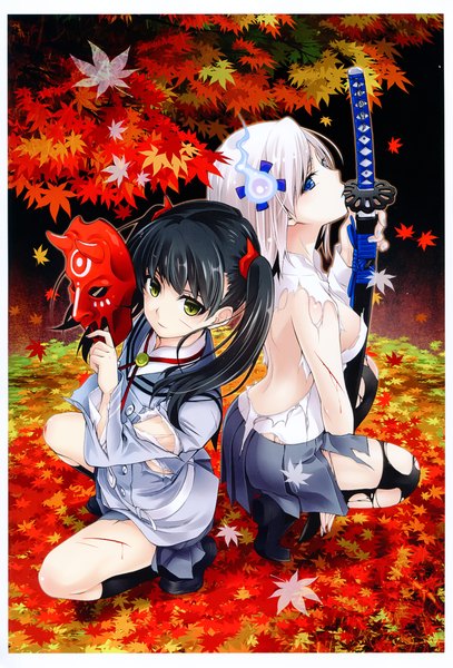 Anime picture 2386x3515 with original bomi long hair tall image highres blue eyes light erotic black hair twintails multiple girls green eyes absurdres white hair torn clothes back girl weapon 2 girls sword katana