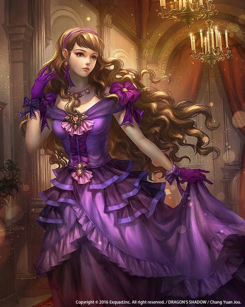 Anime picture 720x900 with dragon's shadow jou chang yuan single long hair tall image fringe brown hair standing brown eyes looking away indoors mole mole under eye wavy hair frilled dress girl dress gloves earrings frills