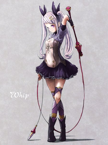 Anime picture 900x1200 with original satyuas single long hair tall image looking at viewer simple background standing purple eyes twintails silver hair full body crossed legs (standing) girl ribbon (ribbons) weapon hair ribbon boots hairclip