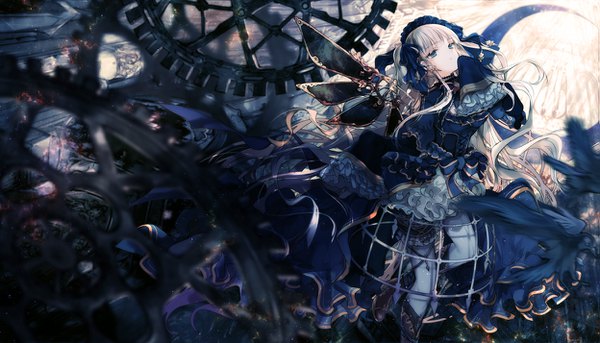 Anime picture 1247x714 with original cierra (ra-bit) single fringe wide image twintails silver hair blunt bangs very long hair aqua eyes wind sunlight official art gradient hair looking up lolita fashion goth-loli gothic mechanical wings girl
