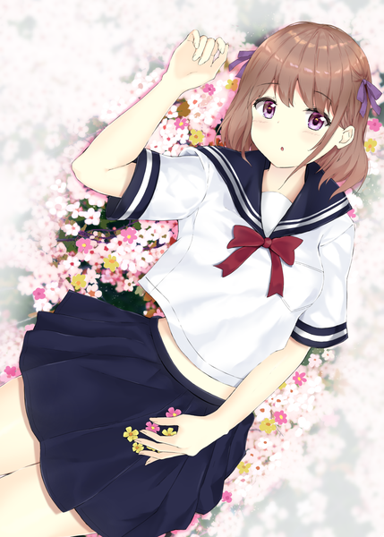 Anime picture 1013x1415 with original arupisu (shintea) single tall image blush fringe short hair brown hair purple eyes payot lying parted lips pleated skirt :o midriff on back girl skirt uniform flower (flowers)