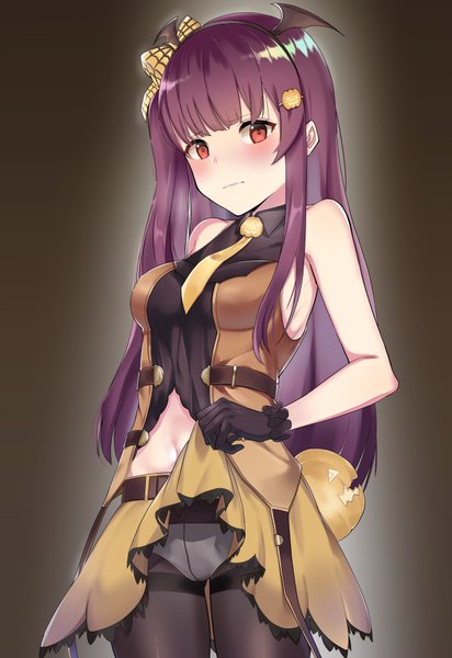 Anime picture 5157x7500 with girls frontline wa2000 (girls frontline) ohihil single long hair tall image looking at viewer blush fringe highres light erotic simple background red eyes absurdres purple hair blunt bangs embarrassed sleeveless one side up dark background