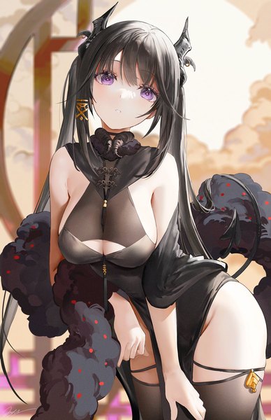 Anime picture 1939x3000 with original iori (cpeilad) single long hair tall image looking at viewer fringe highres breasts light erotic black hair large breasts standing purple eyes twintails signed payot tail blunt bangs parted lips