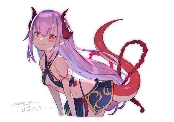 Anime picture 1000x705 with original melusine (ibuki notsu) bukurote single long hair looking at viewer fringe breasts light erotic simple background smile hair between eyes red eyes standing white background bare shoulders payot purple hair tail horn (horns)
