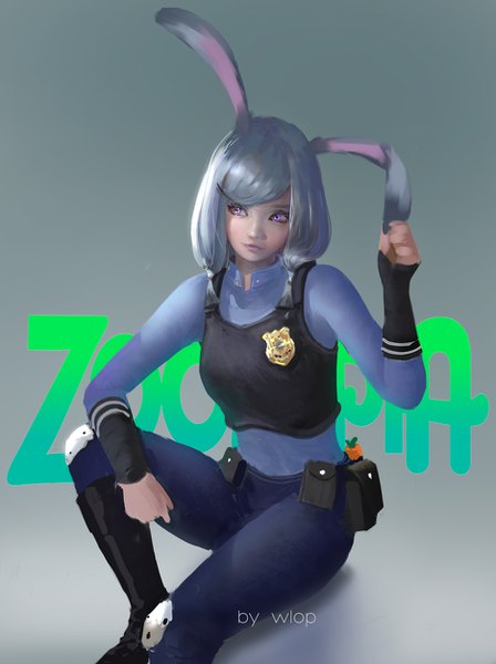 Anime picture 935x1250 with zootopia disney judy hopps wlop single long hair tall image fringe simple background sitting purple eyes holding signed animal ears looking away bent knee (knees) grey hair realistic inscription grey background