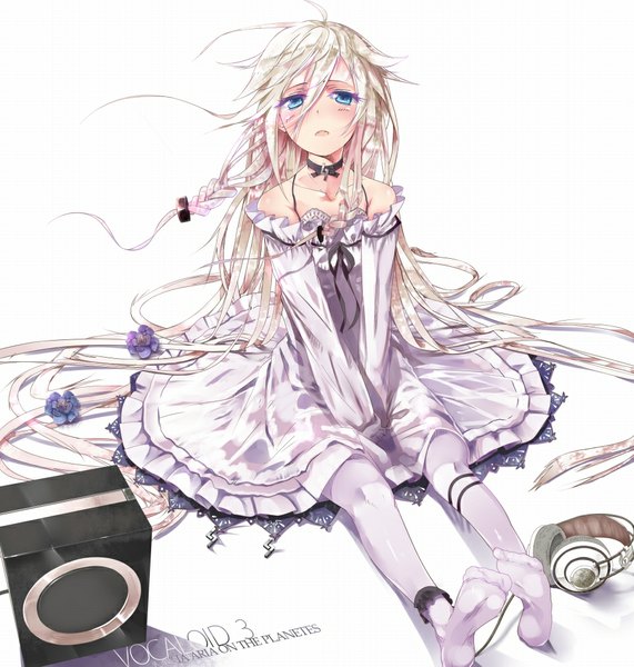 Anime picture 952x1000 with vocaloid akg ia (vocaloid) shin'ya (330696) single tall image looking at viewer blush blue eyes simple background white background sitting white hair braid (braids) very long hair no shoes single braid girl thighhighs dress