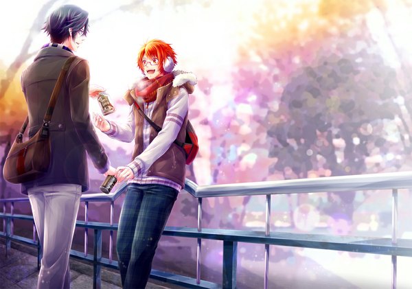 Anime picture 1089x765 with uta no prince-sama a-1 pictures ichinose tokiya ittoki otoya kaorie (artist) fringe short hair open mouth black hair red eyes standing outdoors profile from behind orange hair multiple boys orange eyes outstretched arm holding hands happy