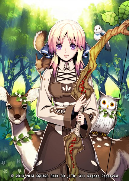 Anime picture 711x1000 with original miogrobin single long hair tall image looking at viewer purple eyes purple hair girl dress weapon plant (plants) animal tree (trees) bow (weapon)