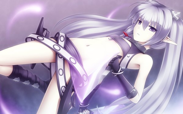 Anime picture 1920x1200 with agarest senki fyuria (agarest senki) ricegnat long hair highres wide image purple eyes twintails bare shoulders silver hair girl gloves navel hair ornament weapon miniskirt pendant