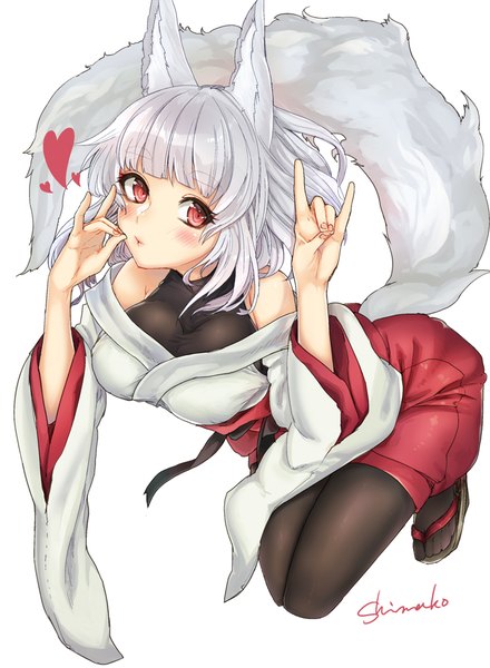 Anime picture 753x1027 with original shimako single tall image looking at viewer blush fringe short hair breasts light erotic simple background red eyes large breasts white background bare shoulders signed animal ears full body white hair tail