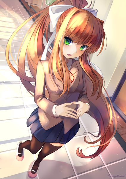Anime picture 1736x2456 with doki doki literature club monika (doki doki literature club) takuyarawr single long hair tall image looking at viewer blush fringe highres open mouth smile brown hair standing green eyes signed payot full body ponytail indoors
