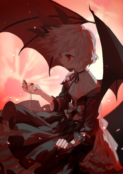 Anime picture 1240x1748 with touhou remilia scarlet harrymiao single tall image fringe short hair red eyes standing holding nail polish profile wind grey hair looking down bat wings lolita fashion goth-loli girl dress