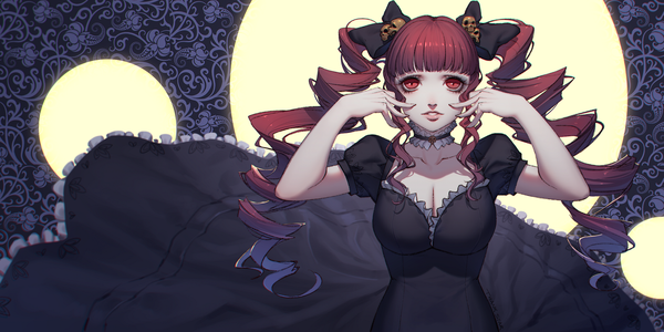 Anime picture 1800x900 with original daye bie qia lian single long hair looking at viewer highres red eyes wide image twintails red hair drill hair girl dress bow hair bow frills black dress