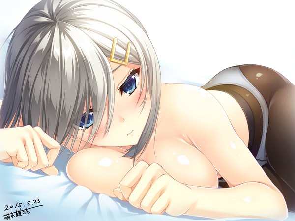 Anime picture 1600x1200 with kantai collection hamakaze destroyer moeki yuuta single looking at viewer blush fringe short hair breasts blue eyes light erotic large breasts signed silver hair wallpaper topless breast press girl hair ornament underwear