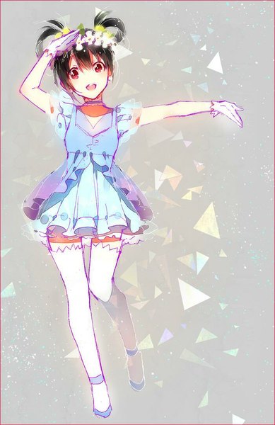 Anime picture 700x1079 with love live! school idol project sunrise (studio) love live! yazawa nico hakusai (tiahszld) single tall image looking at viewer blush fringe short hair open mouth black hair smile red eyes standing twintails full body grey background zettai ryouiki
