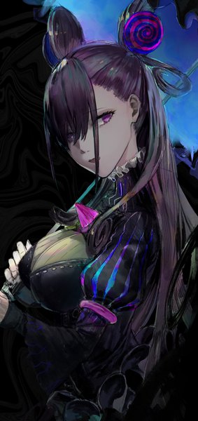Anime picture 485x1028 with fate (series) fate/grand order murasaki shikibu (fate) ryono mizuki single long hair tall image looking at viewer fringe breasts open mouth simple background large breasts holding looking away purple hair upper body long sleeves head tilt pink eyes