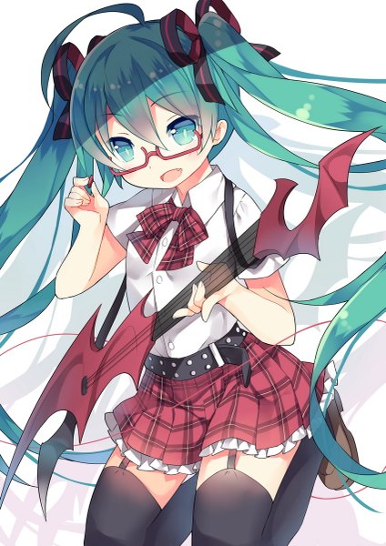 Anime picture 849x1200 with vocaloid hatsune miku saru (longbb) single tall image looking at viewer blush open mouth simple background white background twintails ahoge bent knee (knees) very long hair aqua eyes aqua hair teeth shadow fang (fangs) plaid skirt