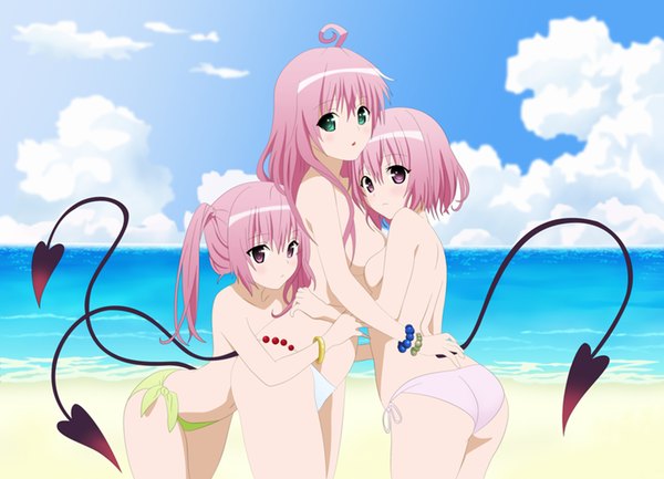 Anime picture 1200x866 with toloveru toloveru darkness xebec momo velia deviluke lala satalin deviluke nana asta deviluke long hair looking at viewer short hair breasts open mouth light erotic twintails multiple girls green eyes pink hair sky cloud (clouds) ass pink eyes