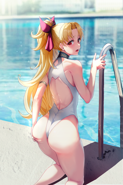 Anime picture 1105x1658 with fate (series) fate/grand order ereshkigal (fate) solar (happymonk) single long hair tall image looking at viewer blush fringe open mouth light erotic blonde hair red eyes bare shoulders outdoors ass ponytail looking back from behind
