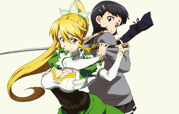 Anime picture 2000x1279 with sword art online a-1 pictures kirigaya suguha leafa long hair highres short hair black hair blonde hair multiple girls green eyes ponytail pointy ears elf girl dress uniform weapon 2 girls school uniform