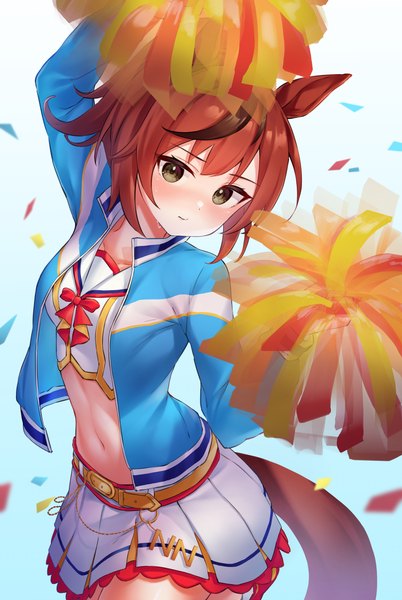 Anime picture 2800x4181 with umamusume nice nature (umamusume) nice nature (run&win) (umamusume) pizza (pizzania company) single tall image fringe highres short hair brown hair animal ears looking away tail animal tail multicolored hair from above midriff streaked hair official alternate costume blue background