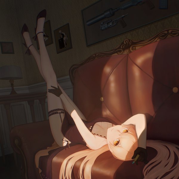 Anime picture 3000x3000 with girls frontline ots-14 (girls frontline) shupianmao single long hair looking at viewer blush fringe highres breasts light erotic blonde hair hair between eyes large breasts holding yellow eyes payot indoors lying traditional clothes