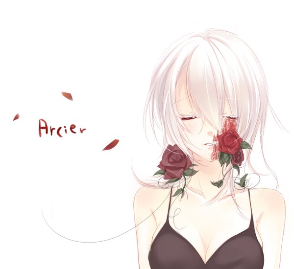 Anime picture 1307x1200 with itou nanami single simple background white background bare shoulders brown eyes white hair girl flower (flowers) petals rose (roses) blood red rose
