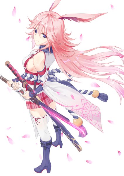 Anime-Bild 1500x2122 mit benghuai xueyuan honkai (series) yae sakura 5plus single long hair tall image looking at viewer fringe breasts light erotic simple background smile hair between eyes standing white background purple eyes animal ears pink hair full body