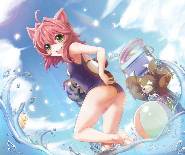 Anime picture 1800x1512 with league of legends annie (league of legends) tibbers (league of legends) sora (pixiv id=6767230) single looking at viewer blush fringe highres short hair open mouth light erotic smile green eyes sky cloud (clouds) ass red hair adjusting swimsuit girl