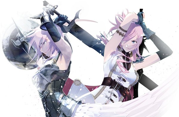 Anime picture 1153x757 with final fantasy final fantasy xiii final fantasy xiii-2 square enix lightning farron cofffee long hair looking at viewer fringe blue eyes simple background white background looking away pink hair profile hair over one eye arms up dual persona girl weapon